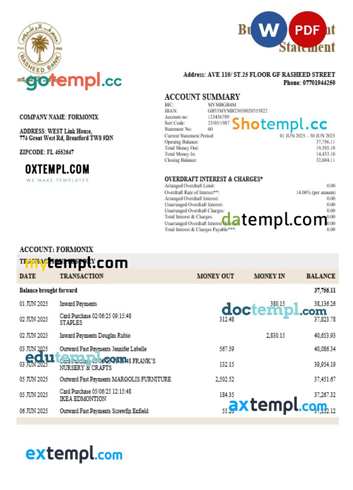 Rasheed company checking account statement Word and PDF template