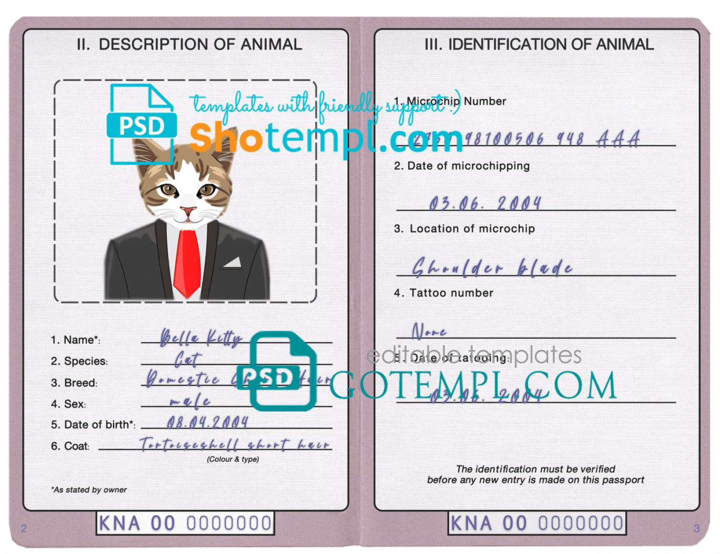 free download Saint Kitts and Nevis cat (animal, pet) passport PSD example, fully editable