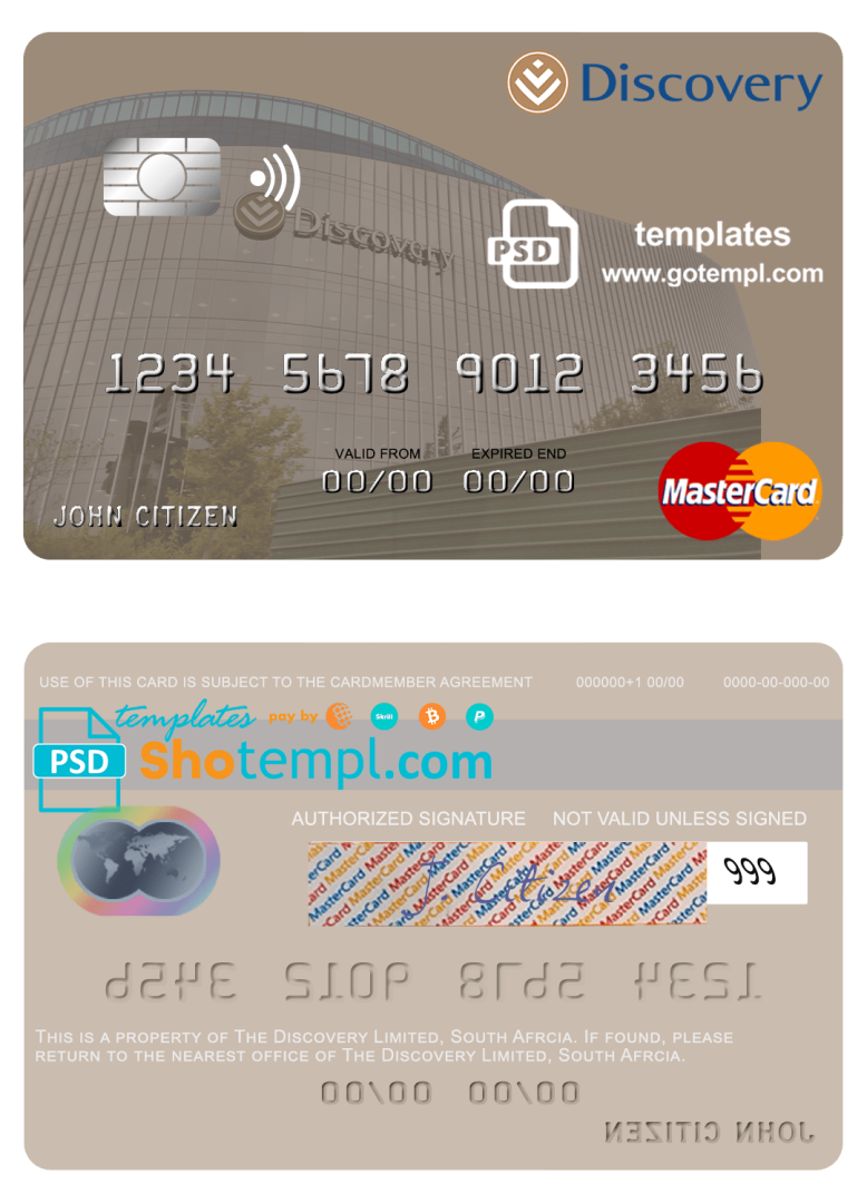 South African Discovery Limited mastercard credit card example in PSD format