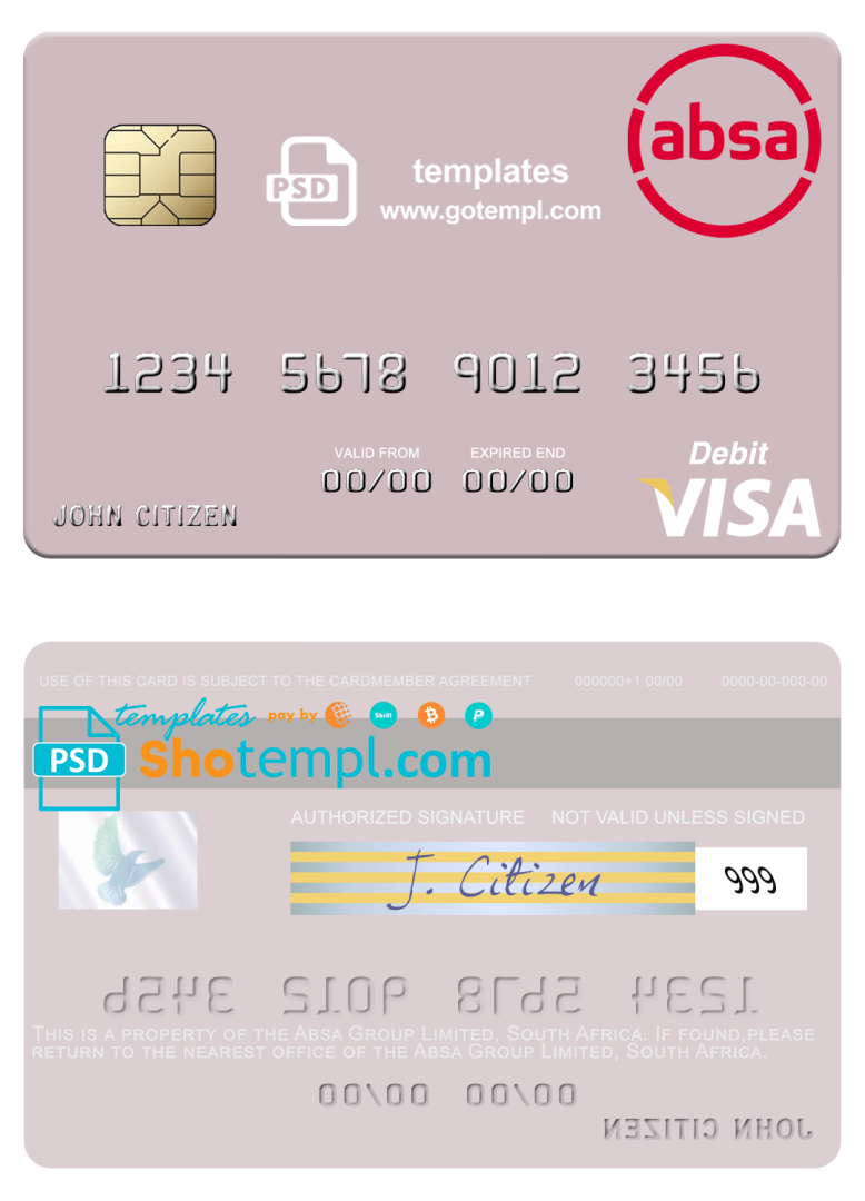 South African Absa Group Limited visa debit credit card example in PSD format
