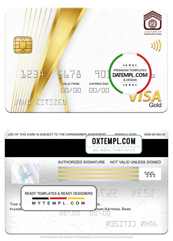 Sudanese National Bank visa gold card, fully editable example in PSD format