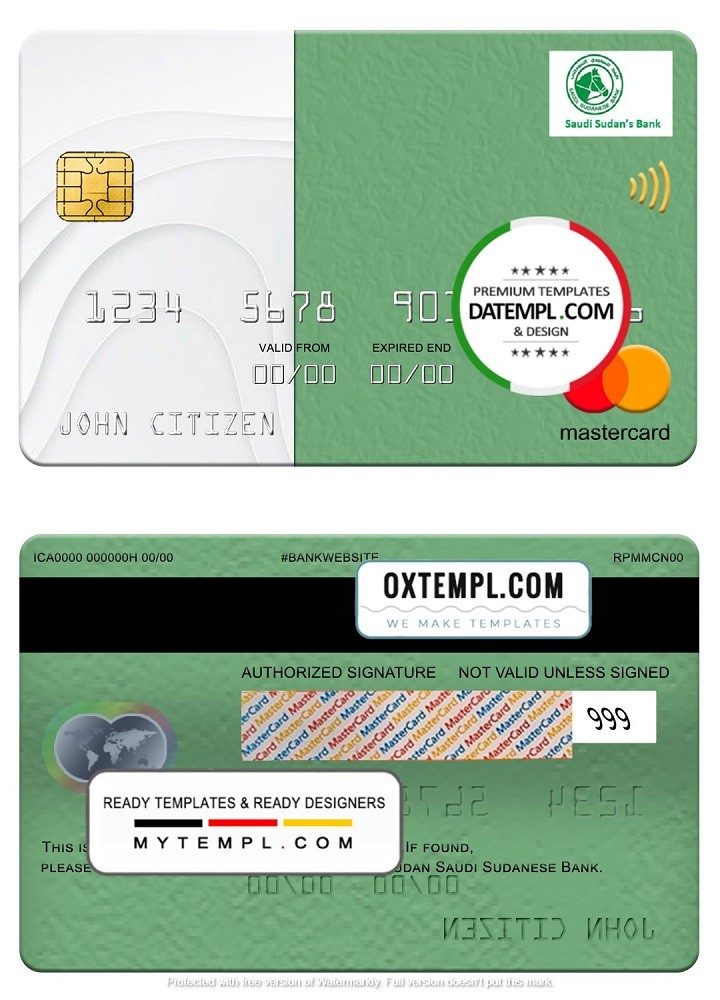 Sudanese Saudi Sudaneses Bank mastercard, fully editable example in PSD format