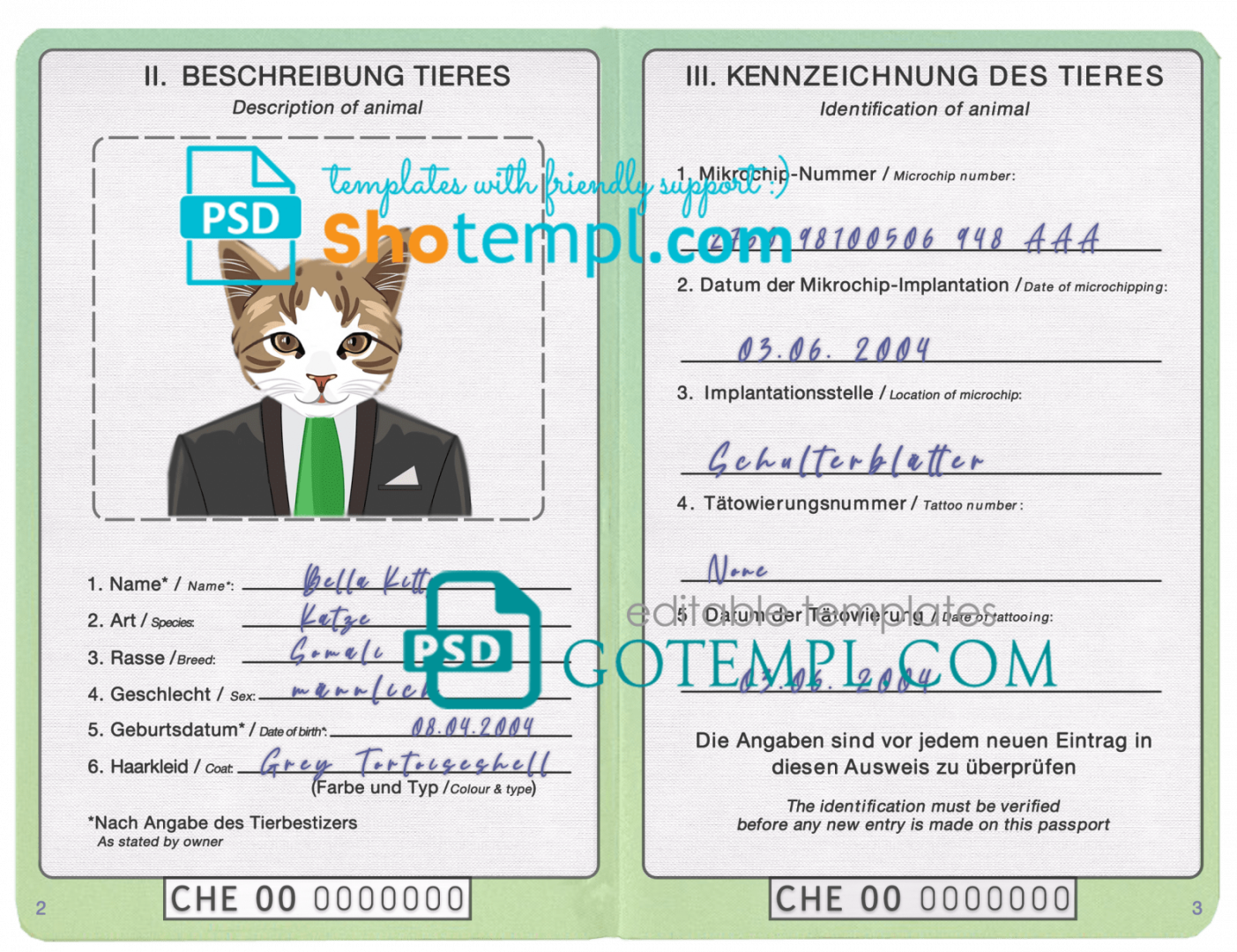 free download Swiss cat (animal, pet) passport PSD example, fully editable
