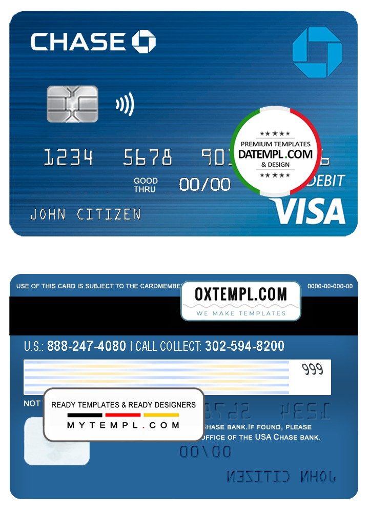 USA Chase bank Visa Debit Card example in PSD format, fully editable, version 2