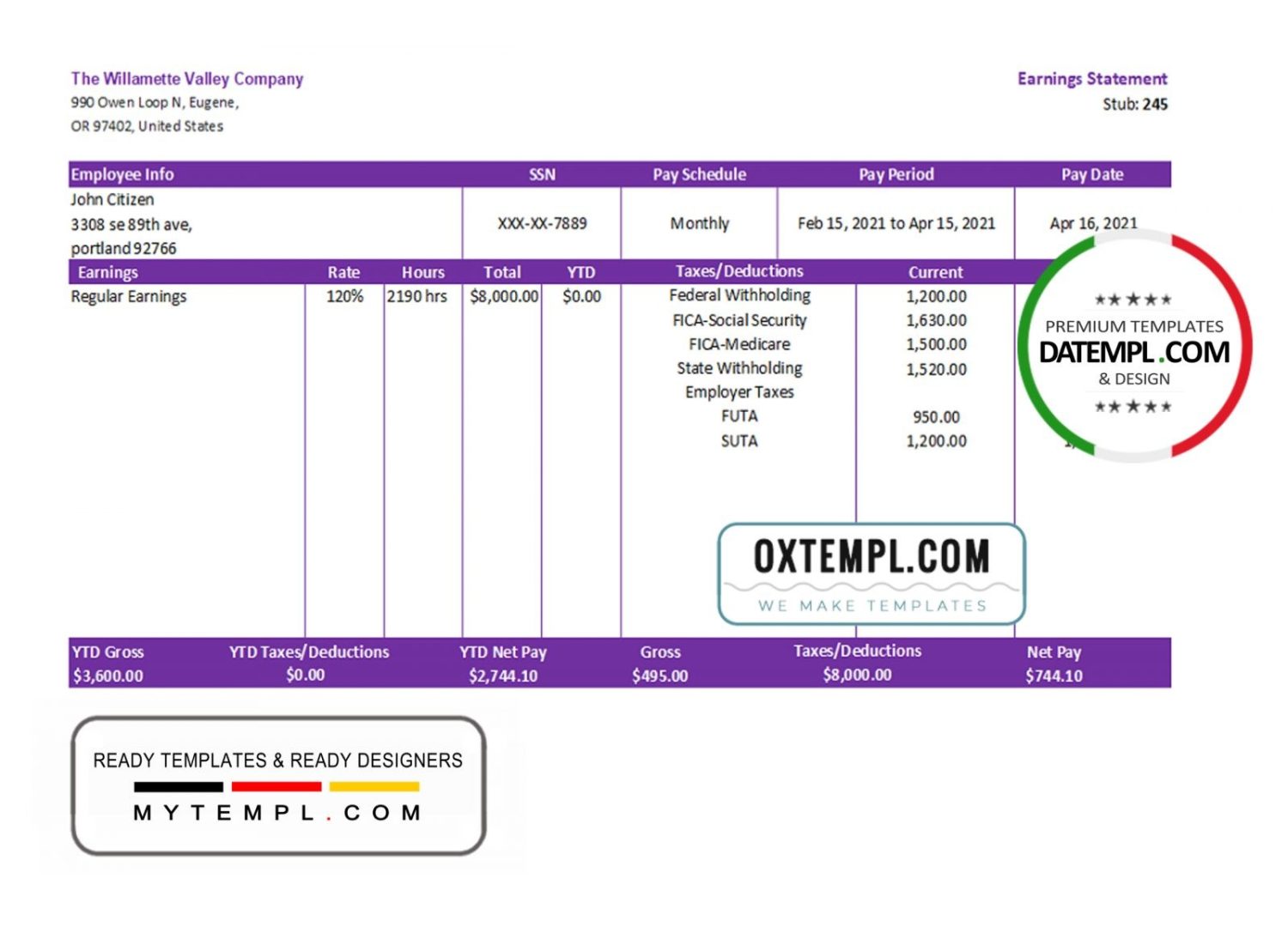 USA OR pay stub example in Excel an PDF format