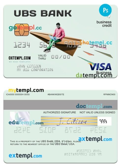 USA UBS Bank visa business credit card template in PSD format