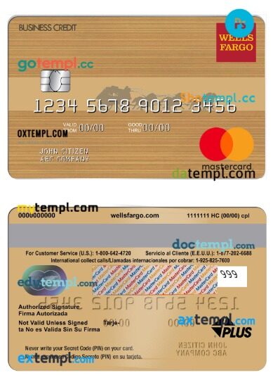 USA Wells Fargo Bank business credit mastercard template in PSD format