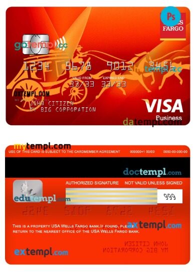 USA Wells Fargo bank visa business card template in PSD format