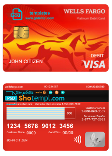USA Wells Fargo bank visa debit card example in PSD format, version 2