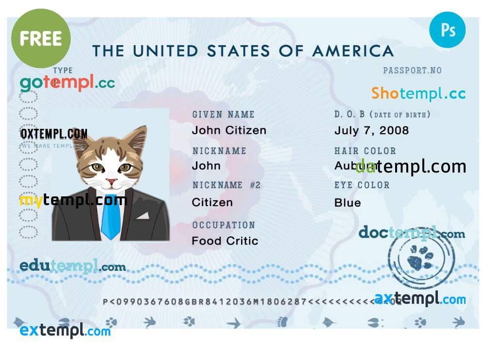 free download USA cat (animal, pet) electronic passport PSD example, fully editable