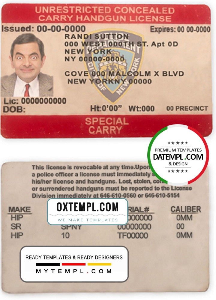 United States New York state unrestricted concealed carry license example in PSD format