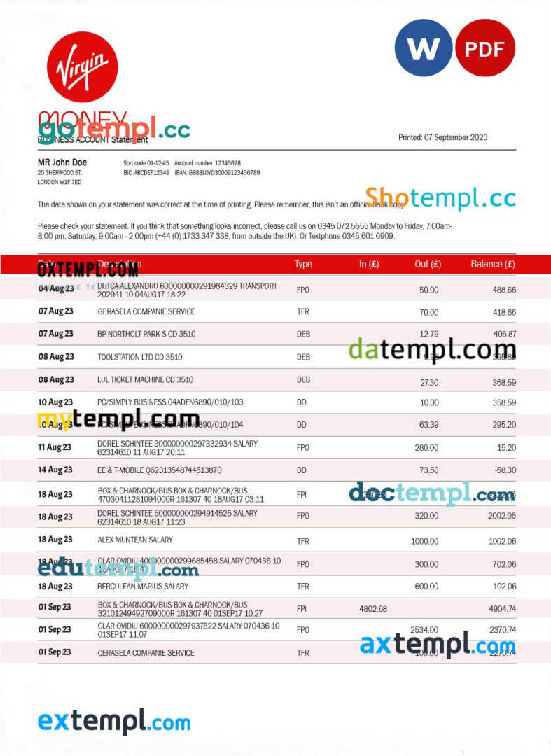 Virgin Money Bank firm account statement Word and PDF template