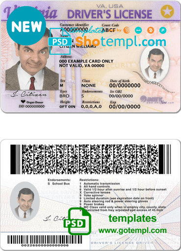 USA Virginia driver license download example in PSD format