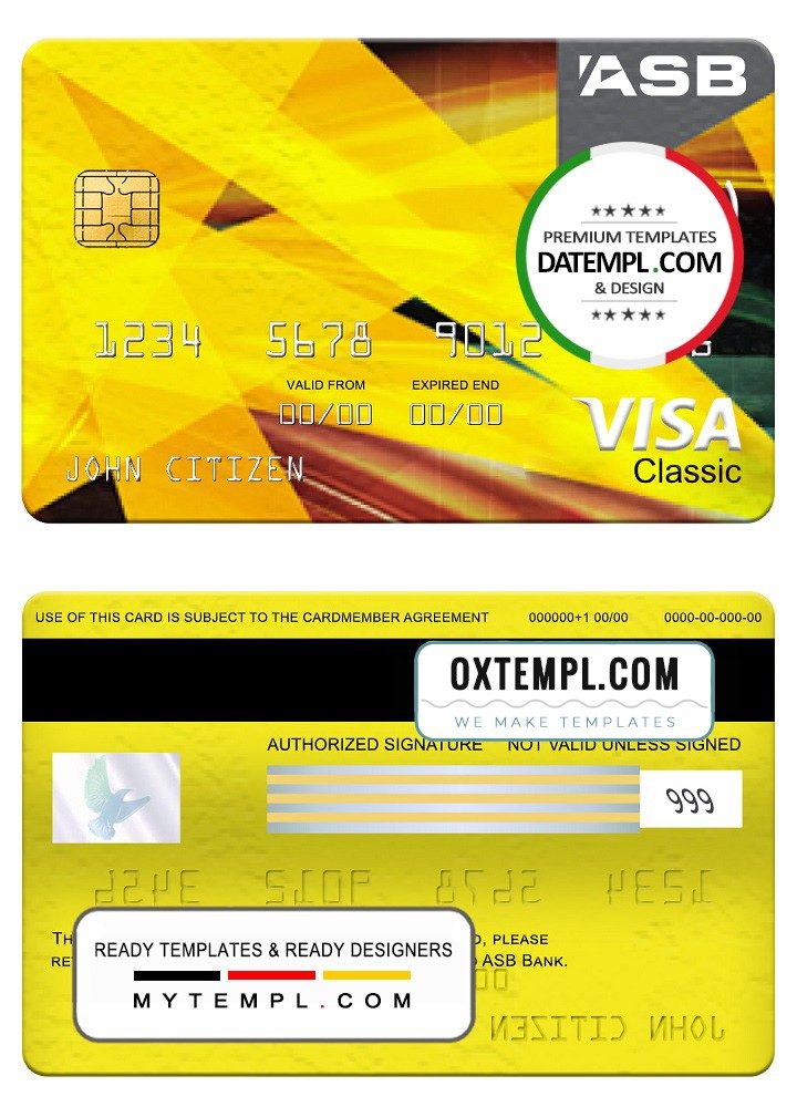 New Zealand ASB bank visa classic card, fully editable example in PSD format