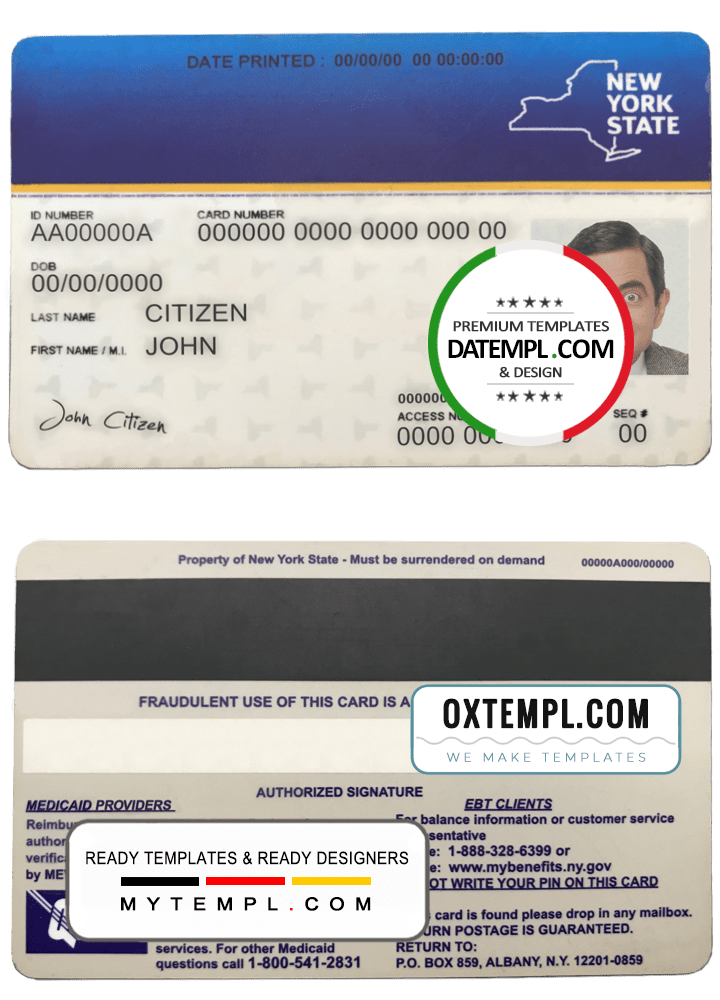USA New York state Medicaid card example in PSD format, fully editable