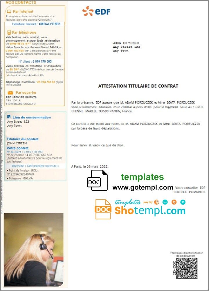 French EDF attestation de contrat example in Word and PDF format