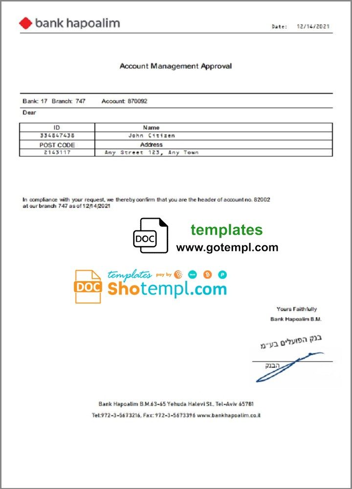 Israeli Bank Hapoalim Account Management Approval example in Word and PDF format
