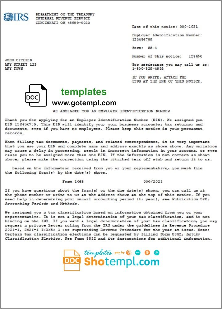 USA INTERNAL REVENUE SERVICE (IRS) Employer Identification Number (EIN) business registration example in Word and PDF format