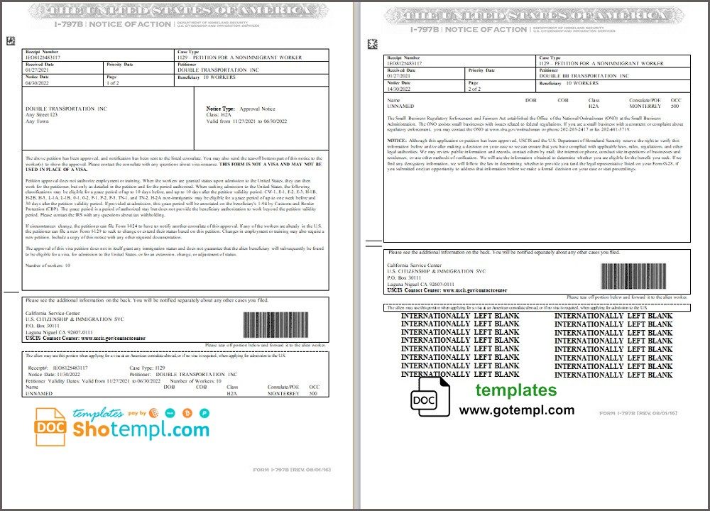 USA Form I-797B, Notice of Action example in Word and PDF format (2 pages)