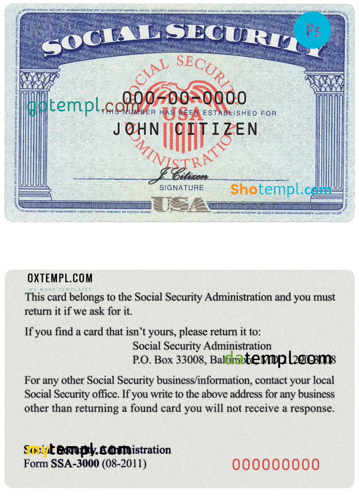 USA SSN (social security card, number) templates in PSD format